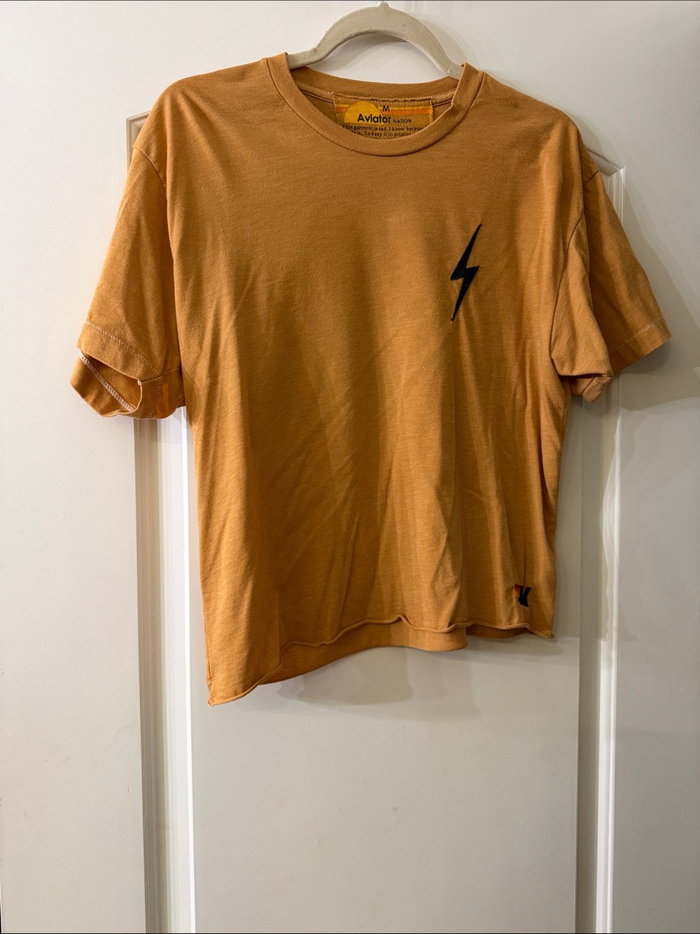 Aviator Nation Mustard Tee with Black Lightning Bolt